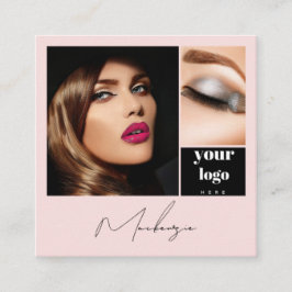 Elegant Blush Pink Black Script 3 Photo Makeup Quadratische Visitenkarte