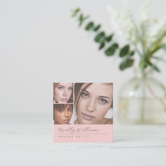 Elegant Blush Pink Black Script 3 Photo Makeup Quadratische Visitenkarte (Stehend Vorderseite)