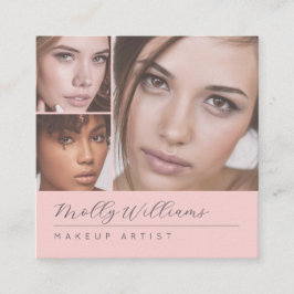 Elegant Blush Pink Black Script 3 Photo Makeup Quadratische Visitenkarte