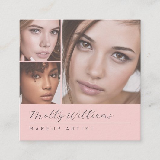 Elegant Blush Pink Black Script 3 Photo Makeup Quadratische Visitenkarte (Vorderseite)