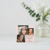 Elegant Blush Pink Black Script 3 Photo Makeup Quadratische Visitenkarte (Stehend Vorderseite)