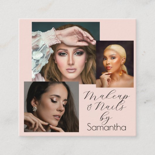 Elegant Blush Pink Black Script 3 Photo Makeup Quadratische Visitenkarte (Vorderseite)