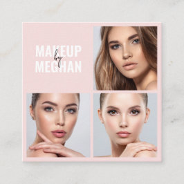 Elegant Blush Pink Black Script 3 Photo Makeup Quadratische Visitenkarte