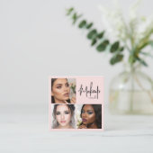 Elegant Blush Pink Black Script 3 Photo Makeup Quadratische Visitenkarte (Stehend Vorderseite)