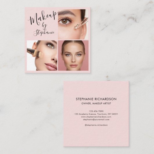 Elegant Blush Pink Black Script 3 Photo Makeup Quadratische Visitenkarte (Vorne/Hinten)