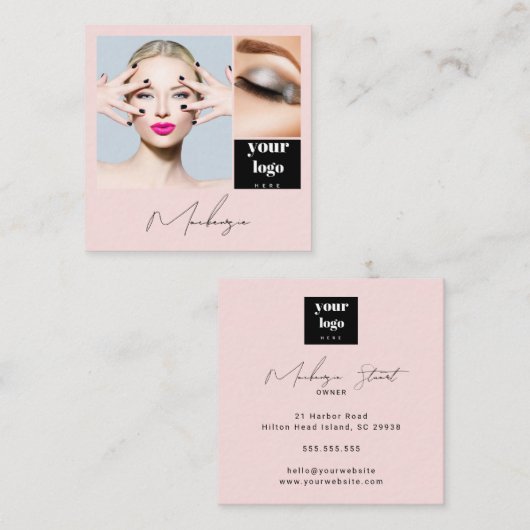 Elegant Blush Pink Black Script 3 Photo Makeup Quadratische Visitenkarte (Vorne/Hinten)