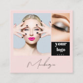 Elegant Blush Pink Black Script 3 Photo Makeup Quadratische Visitenkarte (Vorderseite)