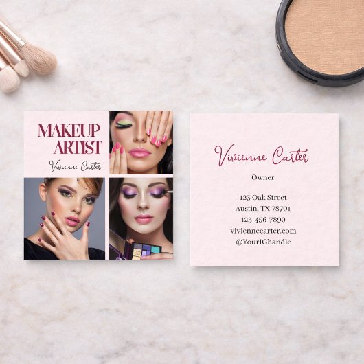 Elegant Blush Pink Black Script 3 Photo Makeup Quadratische Visitenkarte