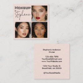 Elegant Blush Pink Black Script 3 Photo Makeup Quadratische Visitenkarte