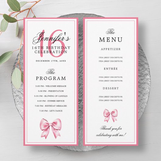 Elegant Blush Pink Bow 16th Birthday Program Menu  Einladung