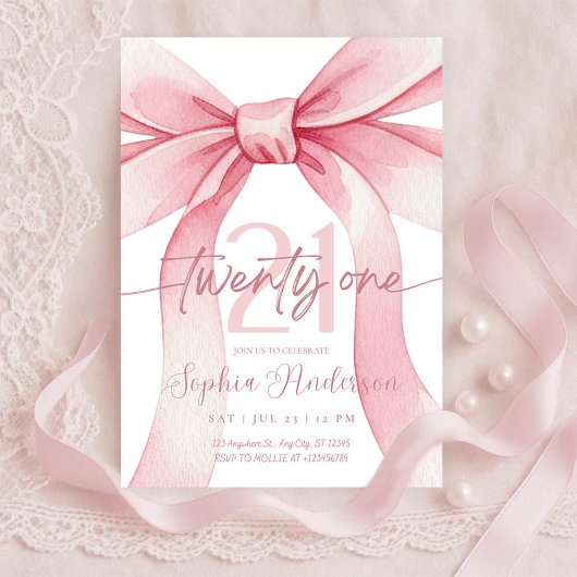 Elegant Blush Pink Bow 21th Birthday Einladung