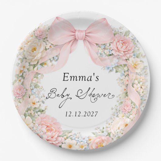 Elegant Blush Pink Bow Floral Baby Shower Pappteller (Vorderseite)