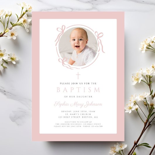 Elegant Blush Pink Bow Photo Baptism Einladung