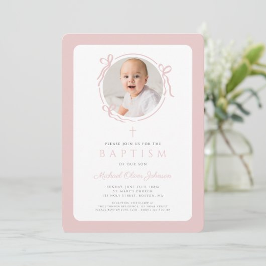 Elegant Blush Pink Bow Photo Girl Baptism Einladung (Stehend Vorderseite)