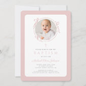 Elegant Blush Pink Bow Photo Girl Baptism Einladung (Vorderseite)