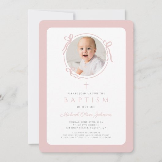 Elegant Blush Pink Bow Photo Girl Baptism Einladung (Vorderseite)
