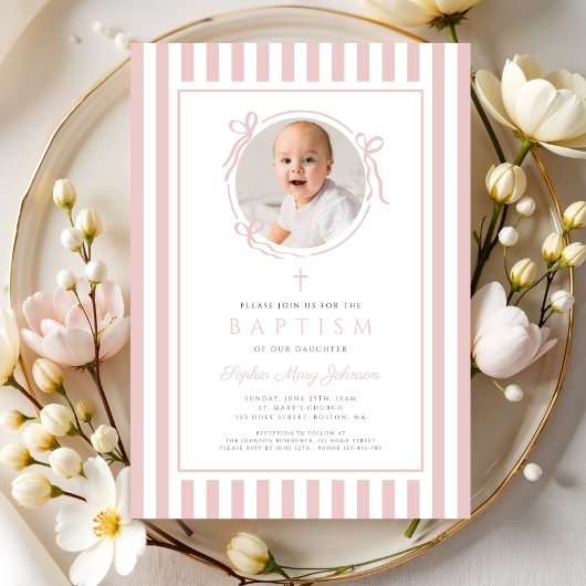 Elegant Blush Pink Bow Photo Girl Baptism Einladung