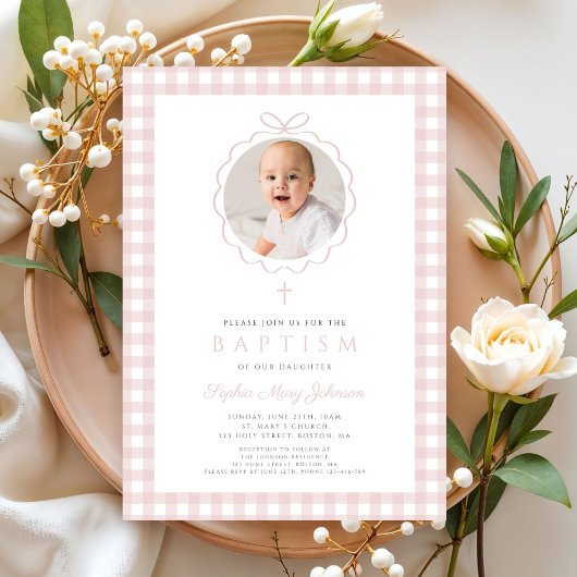 Elegant Blush Pink Bow Photo Girl Baptism Einladung