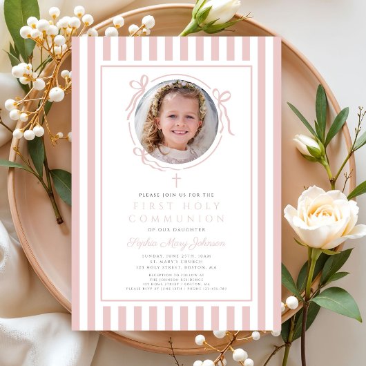 Elegant Blush Pink Bow Photo Girl First Communion Einladung