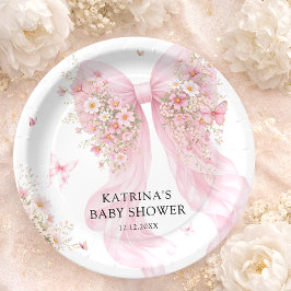 Elegant Blush Pink Bow Wildflower Baby Shower Pappteller