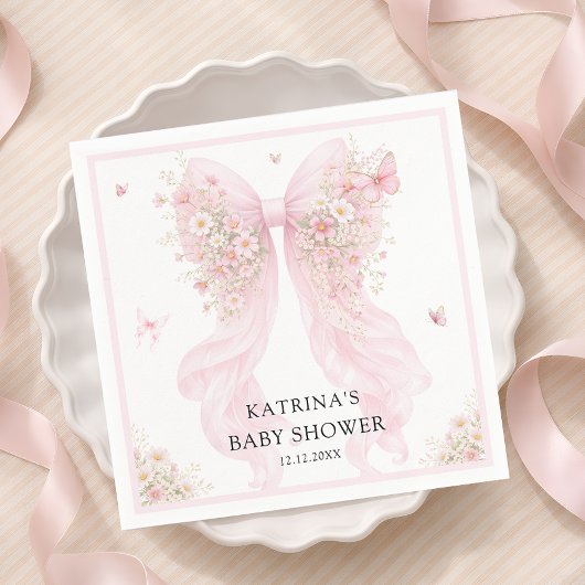 Elegant Blush Pink Bow Wildflower Baby Shower Serviette
