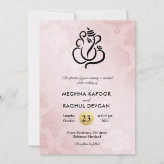 Elegant Blush Pink Damask Ganesha Indian Wedding Einladung