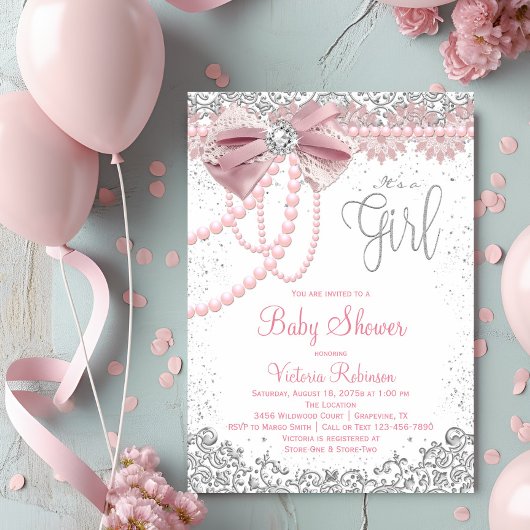 Elegant Blush Pink Diamond Pearl Girly Baby Shower Einladung