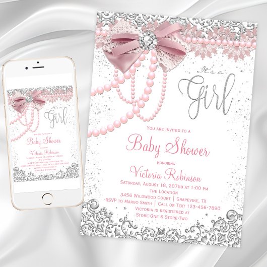 Elegant Blush Pink Diamond Pearl Girly Baby Shower Einladung