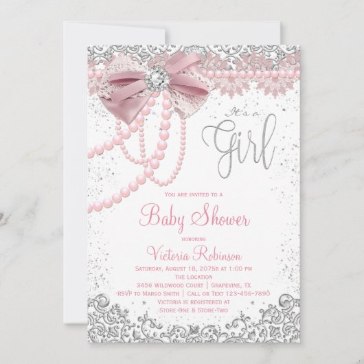 Elegant Blush Pink Diamond Pearl Girly Baby Shower Einladung (Vorderseite)