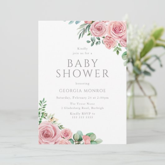 Elegant Blush Pink Floral Baby Shower Invitation Einladung (Stehend Vorderseite)
