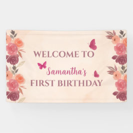 Elegant Blush Pink Floral Butterrfly 1st Birthday Banner