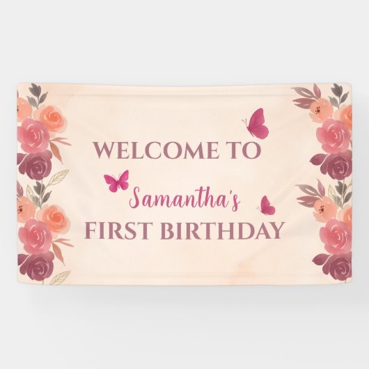 Elegant Blush Pink Floral Butterrfly 1st Birthday Banner (Horizontal)
