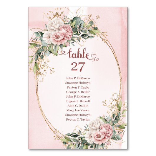 Elegant Blush Pink Floral Eucalyptus Table Number Tischnummer (Vorderseite)