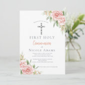 Elegant Blush Pink Floral First Holy Communion Einladung (Stehend Vorderseite)