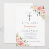 Elegant Blush Pink Floral First Holy Communion Einladung (Vorne/Hinten)