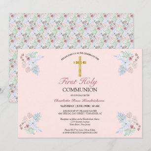 Elegant Blush Pink Floral First Holy Communion Einladung