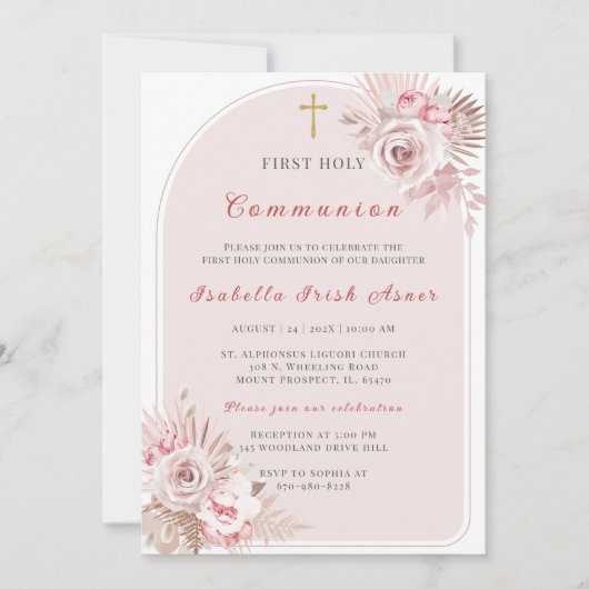 Elegant Blush Pink Floral First Holy Communion Einladung (Vorderseite)