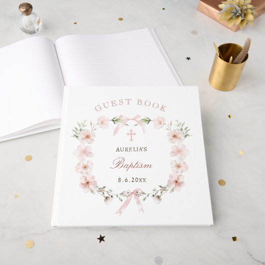 Elegant Blush Pink Floral Frame Baptism Gästebuch (Vorderseite offen)