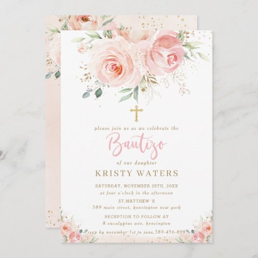 Elegant Blush Pink Floral Gold Bautizo Spanisch Einladung (Vorne/Hinten)