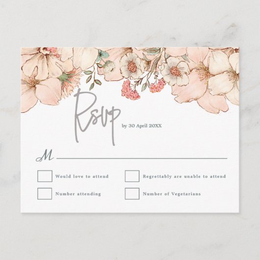 Elegant Blush Pink Floral Gray Script Wedding RSVP Postkarte (Vorderseite)