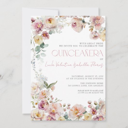 Elegant Blush Pink Floral QR Quinceañera Einladung (Vorderseite)