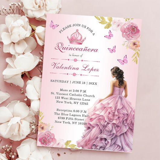 Elegant Blush Pink Floral Quinceañera Einladung