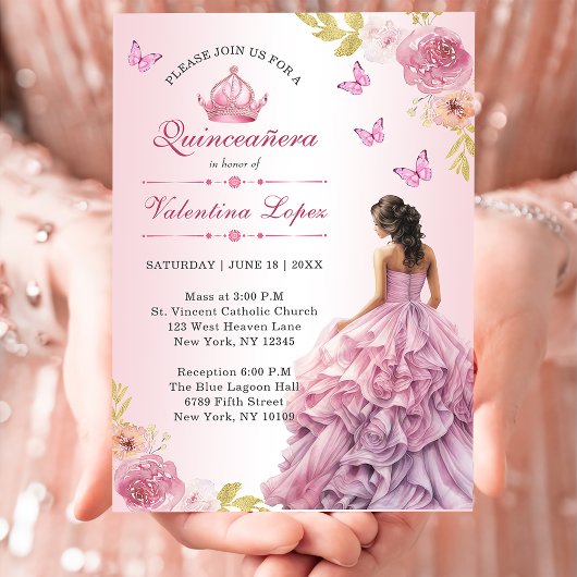 Elegant Blush Pink Floral Quinceañera Einladung