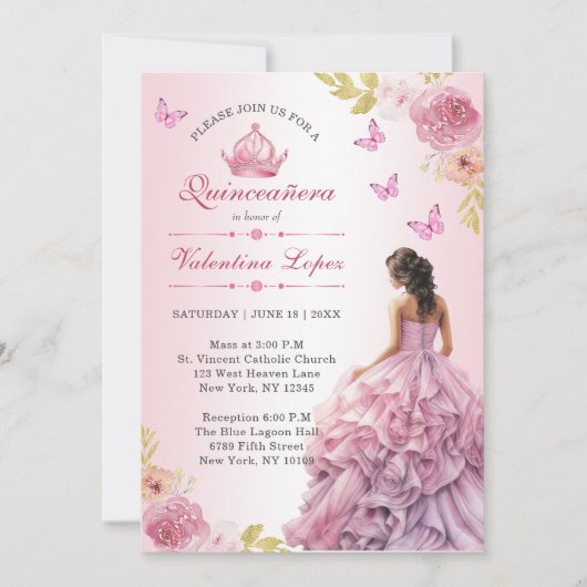Elegant Blush Pink Floral Quinceañera Einladung (Vorderseite)