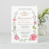 Elegant Blush Pink Floral Quinceañera Tiara Einladung (Stehend Vorderseite)