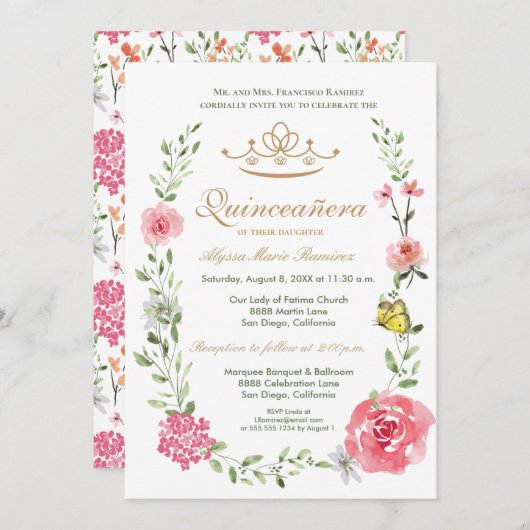 Elegant Blush Pink Floral Quinceañera Tiara Einladung (Vorne/Hinten)