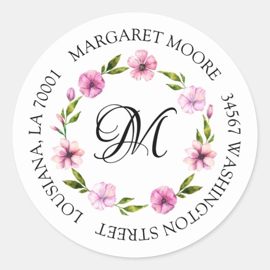 Elegant Blush Pink, Floral Script Monogram-Adresse Runder Aufkleber (Vorderseite)