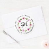 Elegant Blush Pink, Floral Script Monogram-Adresse Runder Aufkleber (Umschlag)