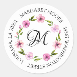 Elegant Blush Pink, Floral Script Monogram-Adresse Runder Aufkleber