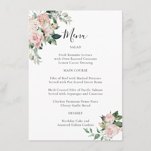 Elegant Blush Pink Floral Special Occasion Menu Menükarte (Vorderseite)